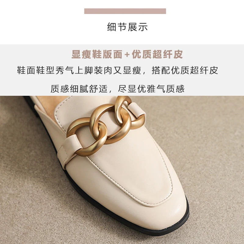 Woman mules fashion design Flat Square Toe Chain Backless Shoes Summer outdoor and indoor office wear White black free delivery