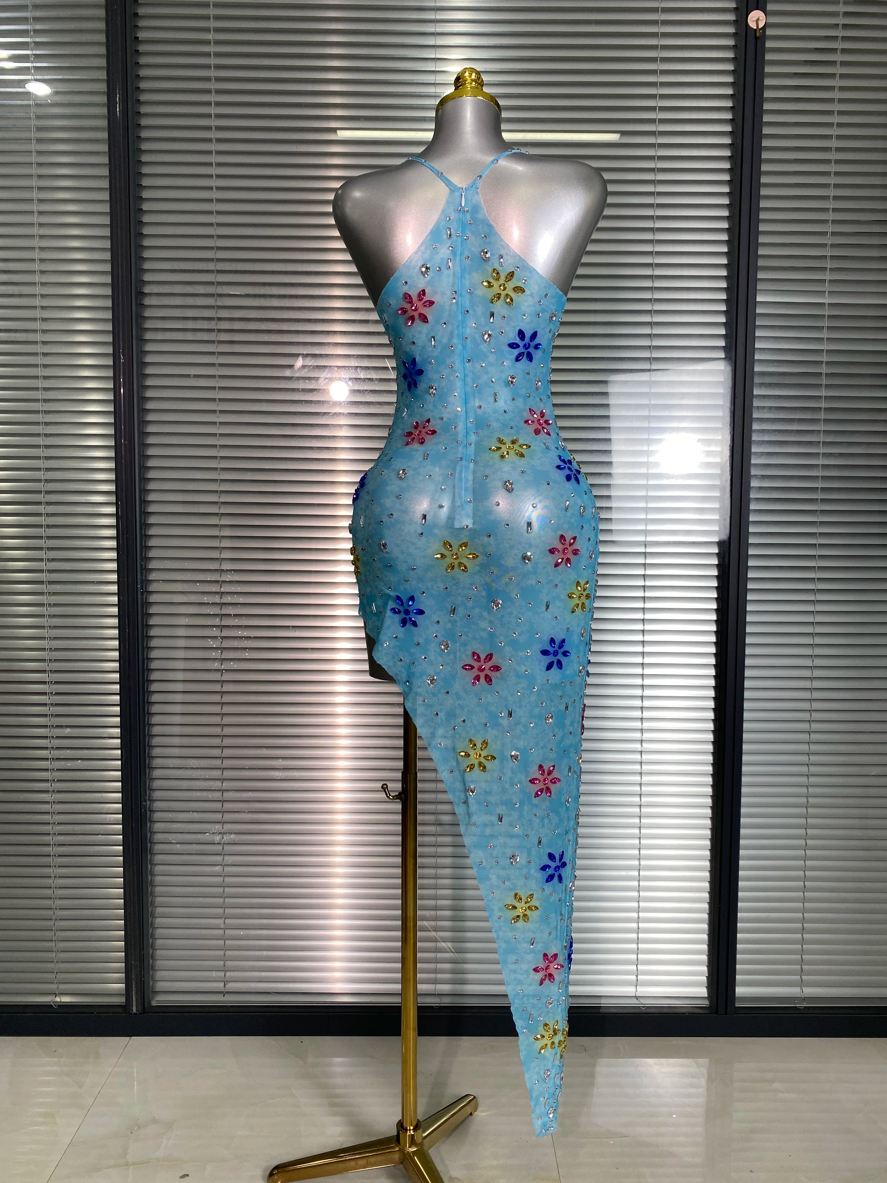 Women Sexy Mesh Crystal Diamonds Flower Blue Performance Costume Stage Dancer See Through Stretchy Night Club Party Dress