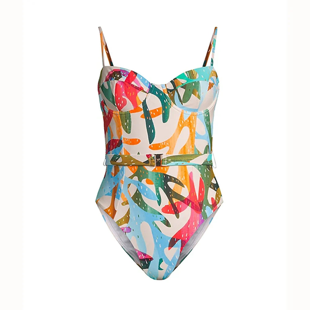 Color Ocean Print Swimsuit Luxury One Piece Fashion Bikini and Cover Up Sling Swimwear Summer Beach Bathing Suit Halter Only bikini