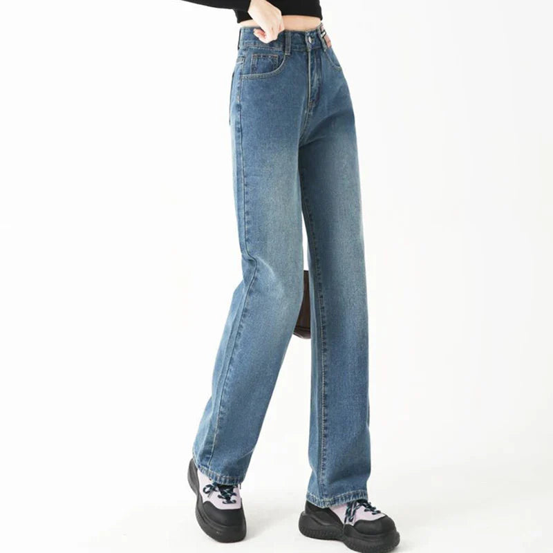 Plus Size XS-XL Wide Leg Women's Jeans High Waist Straight Loose Long Pants Female Blue Color Denim Pants Rework Spring Summer