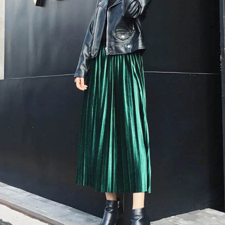 Spring Women Long Metallic Silver Maxi Pleated Skirt Midi Skirt High Waist Elascity Casual Party Skirt green One Size