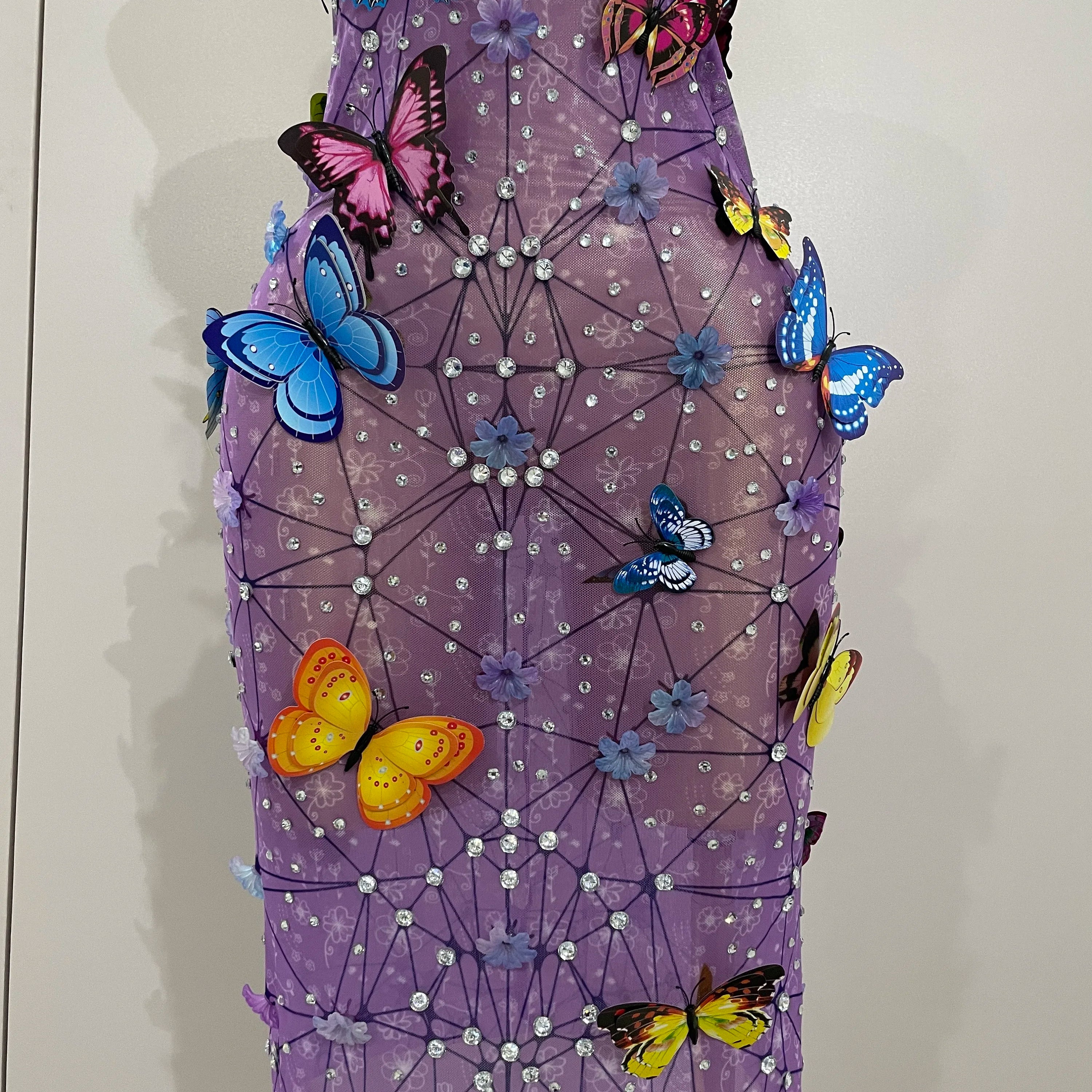 Women Celebrity Luxury Birthday Nightclub Stage Outfit 2025 New Arrival Sparkly Butterfly Purple Sexy Mesh See Through Dress