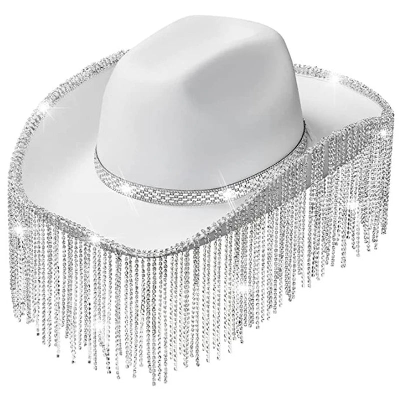 Rhinestones Cowgirl Hats Glitter Rave Cow Girl Hat with Rhinestones Fringe Adult Size Cowboy Hat for Party 3 Color White