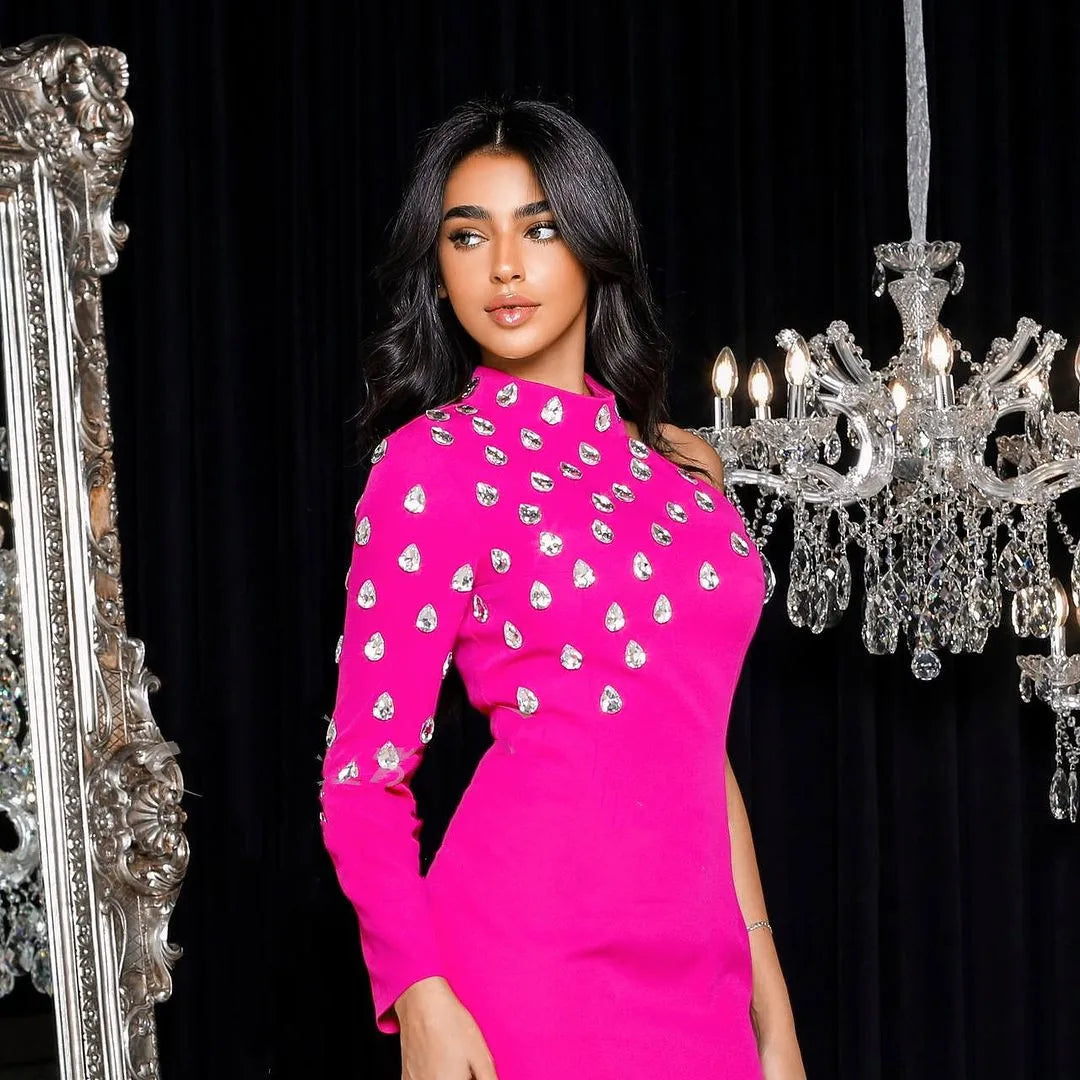 Rosered Color Women Sexy One Shoulder Big Crystal Bodycon Long Bandage Dress Celebrate Evening Party Birthday Fashion Dress