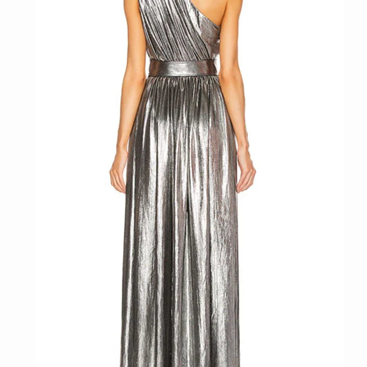 DEAT Fashion Women's Dress New Solid Diagonal Collar Sleeveless One Shoulder High Waist Split Dresses Female Summer 17A2407