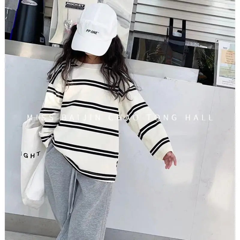 Korea Style Simple Kids Clothes Girl 2Pcs Set Clothing Long Sleeve Striped+Loose Pant Outfits for Teen Girl 6 8 10 12 14Y