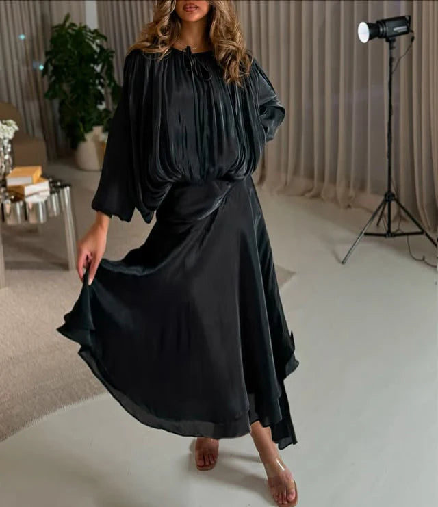 TWOTWINSTYLE Solid Loose Spliced Folds Elegant Dresses for Women Round Neck Long Sleeves Patchwork Lace Up Dress Female Fashion