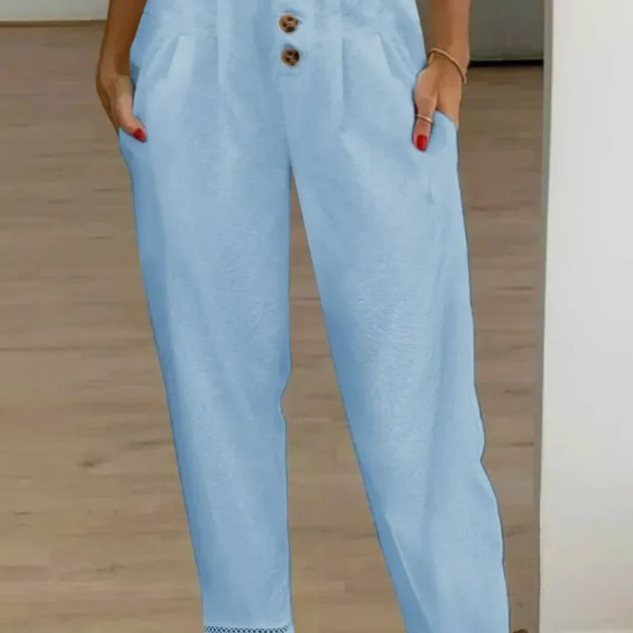 Women's Casual White Pants High Waist Button Slim Solid Pockets Pencil Pants Female Soft Breathable Women Trousers Joggers