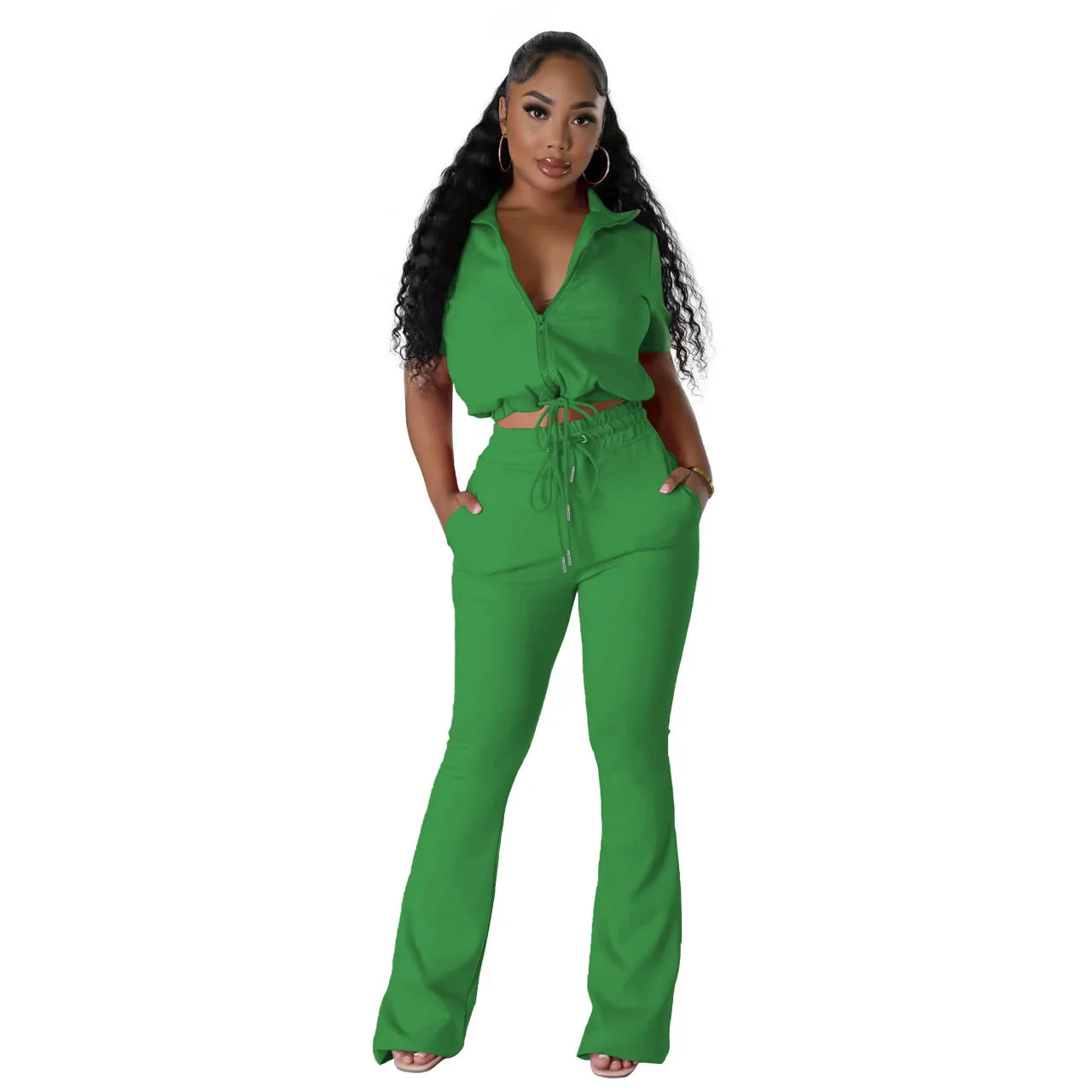 FAGADOER Fashion Solid Color Drawstring Flared Pants Two Piece Sets Women V Neck Short Sleeve Crop Top And Skinny Pants Outfits Green