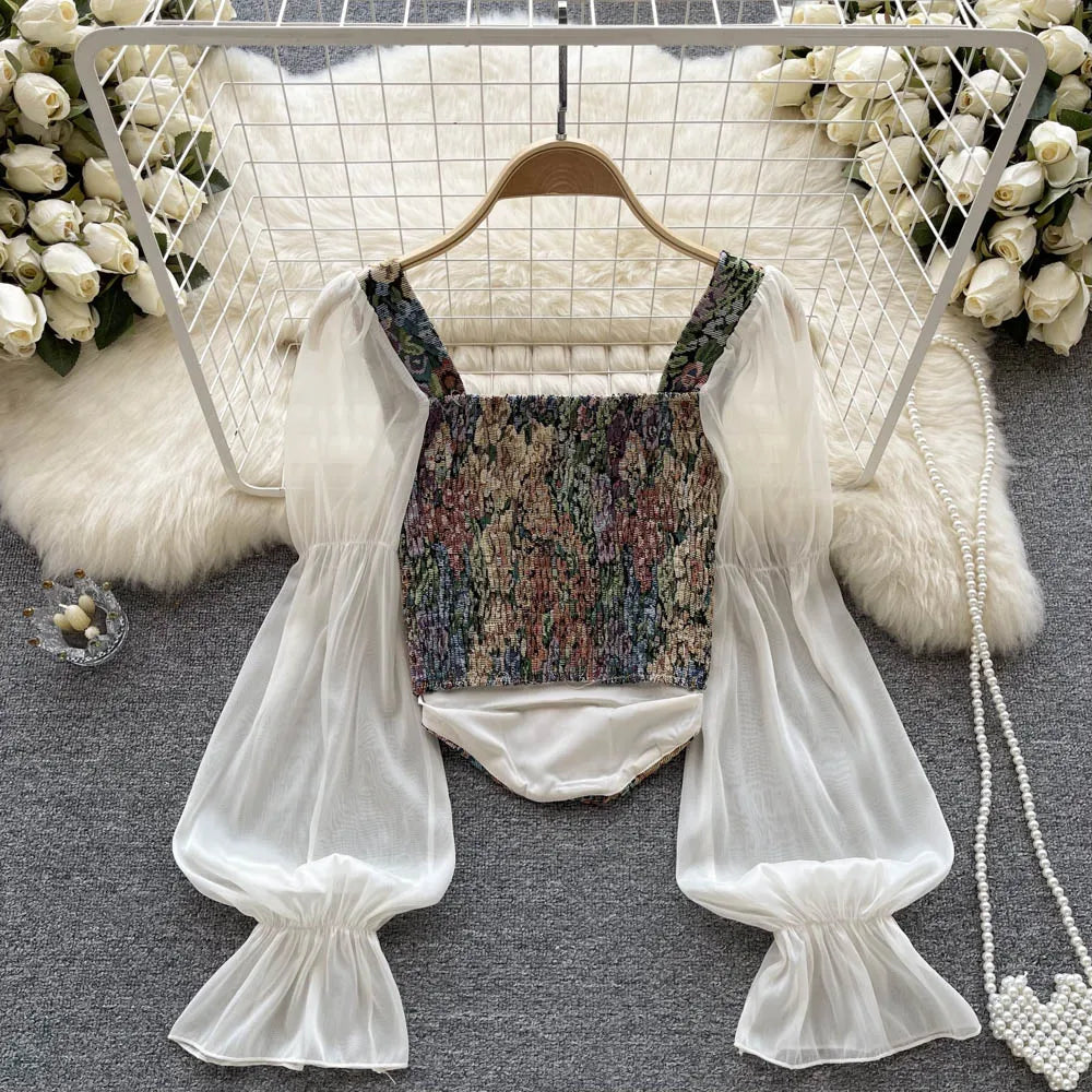 Women Tops Autumn Retro Y2K Rose Flower Print Long Sleeve Gothic Shirts Fashion Irregular Bandage Party Blouses