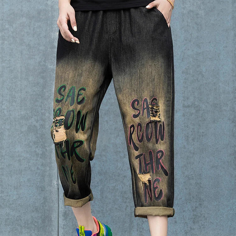 Max LuLu Spring Korean Loose Denim Pants Ladies Printed Classic Casual Elastic Jeans Womens Harajuku Vintage Harem Trousers Black CHINA