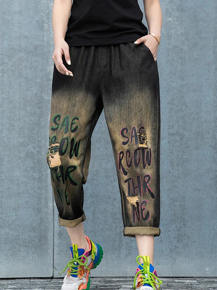 Max LuLu Spring Korean Loose Denim Pants Ladies Printed Classic Casual Elastic Jeans Womens Harajuku Vintage Harem Trousers Black CHINA