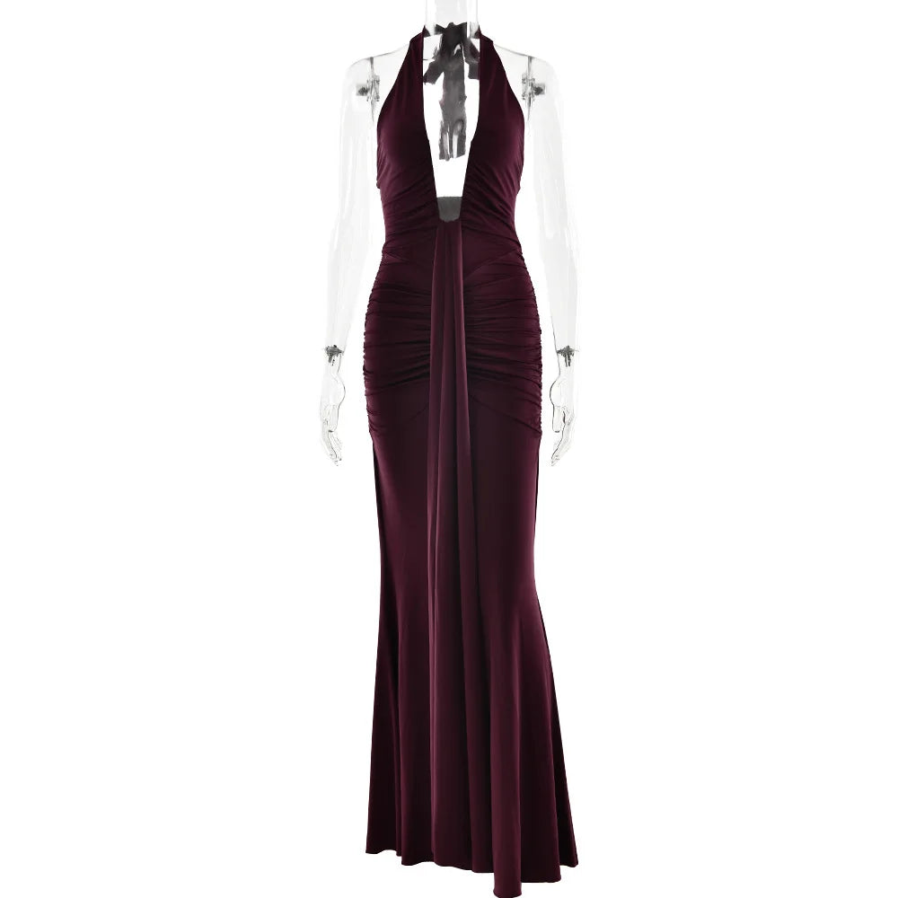CM.YAYA Women Halter V-neck Stacked Ruched Backless Bodycon Midi Maxi Long Dress 2025 Vacation Birthday Sexy Party Club Dresses