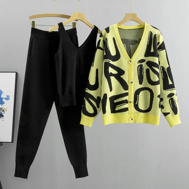 Spring Autumn 3 Piece Women Cardigan Tracksuits Fashion Knitted Pocket Pant Set Ladies Sweater Suit European Fashion Outfits Yellow One Size