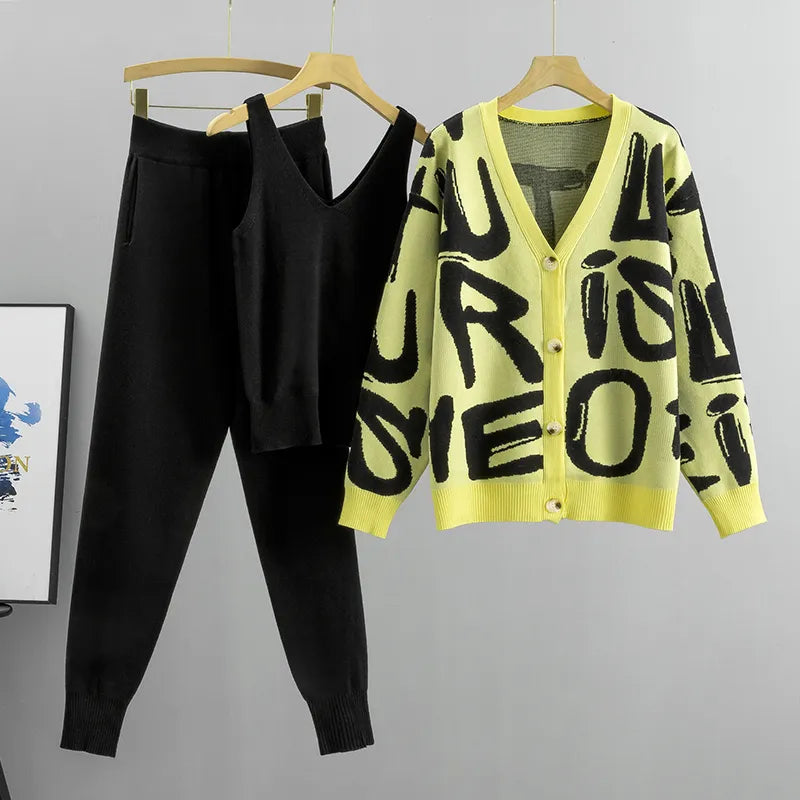 Spring Autumn 3 Piece Women Cardigan Tracksuits Fashion Knitted Pocket Pant Set Ladies Sweater Suit European Fashion Outfits Yellow One Size