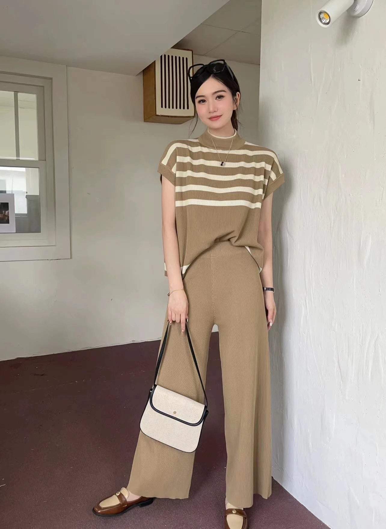 Spring Women Sweater Set Casual Pullovers Suits Winter Knitted Loose Striped Sleeveless Elegance Tops Wide Leg Pants Camel