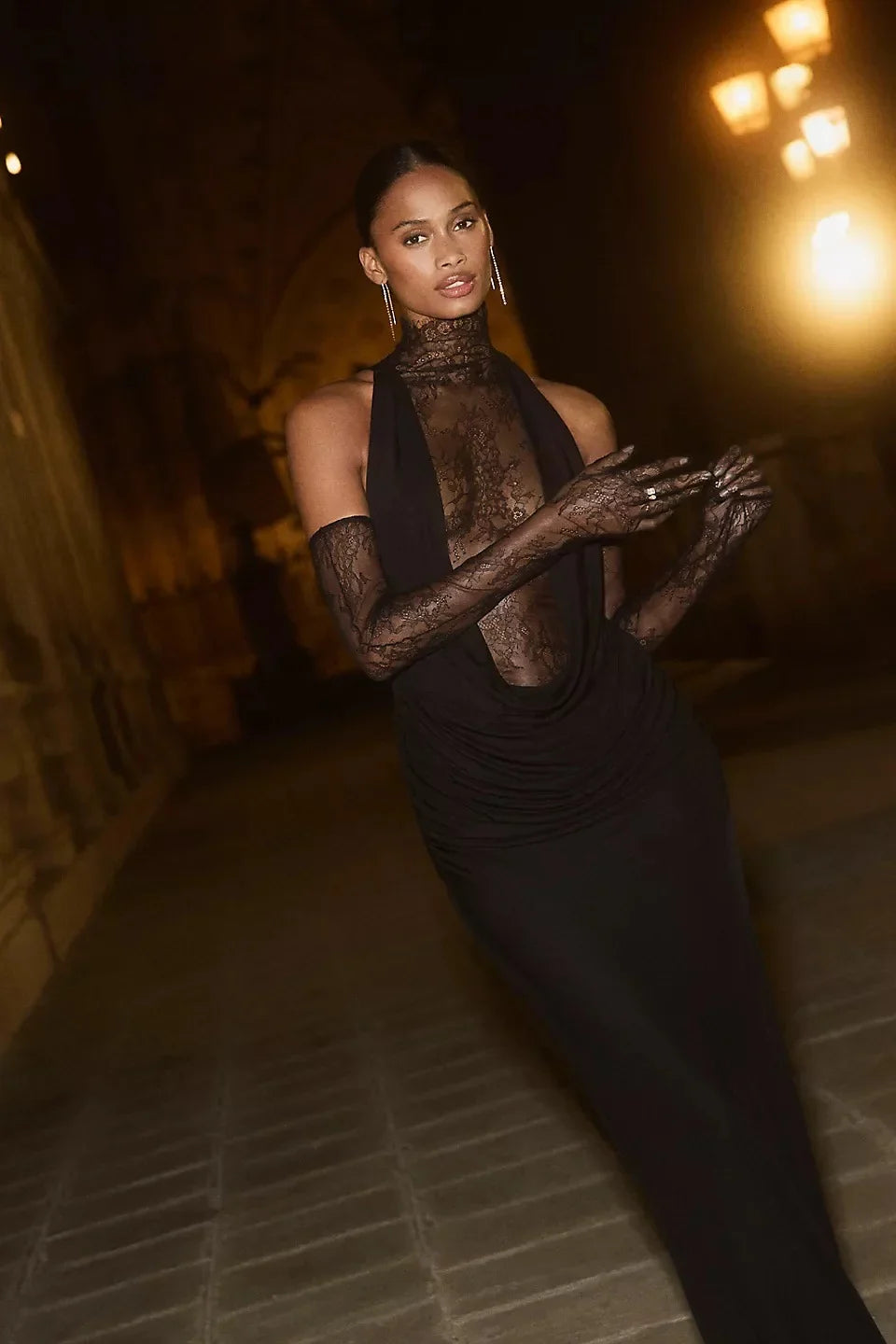 Women Black Color Women Sleeveless Off the Shoulder Lace Bodycon Long Dress Celebrate Evening Party Bar Club Wear