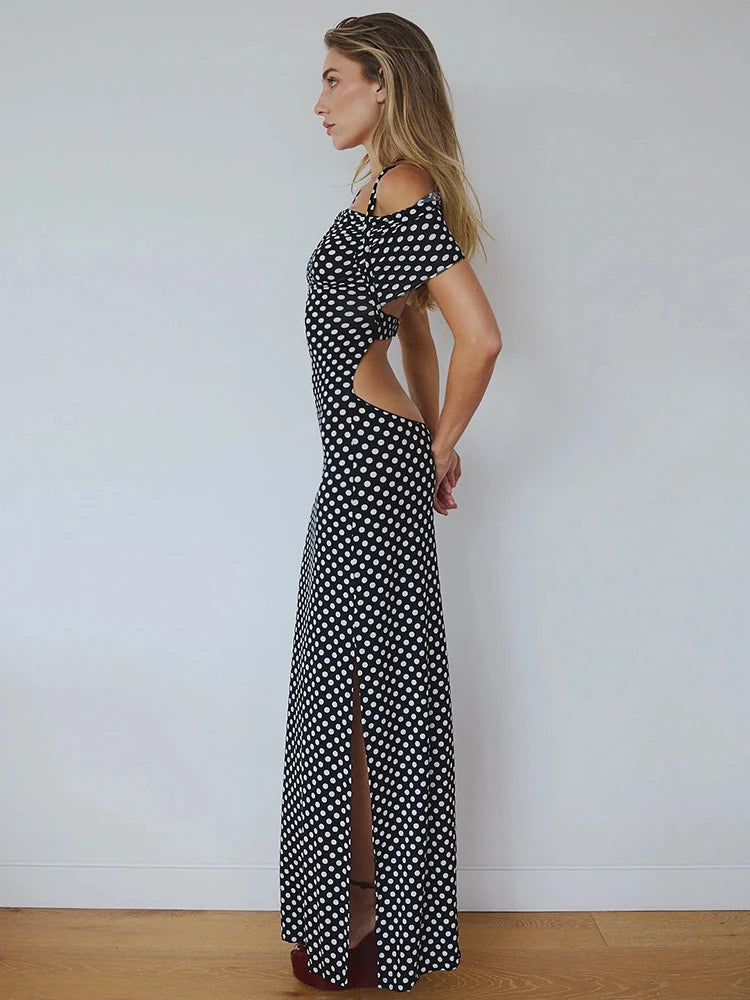 Off-shoulder Polka Dot Maxi Dress For Women Gown Fashion Halter Sleeveless Backless bodycon Split Long Dress Elegant