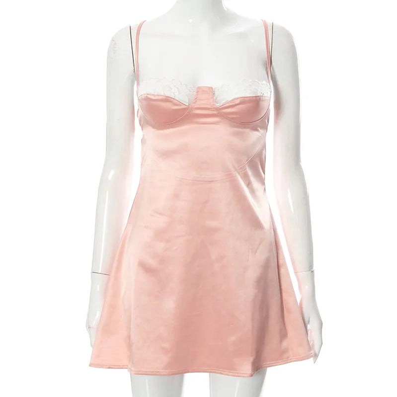 NEONBABIPINK Sexy White Lace Trim Satin Sundress Fairycore Backless Low Cut A Line Mini Dresses for Women Summer N85-CF11 Light pink