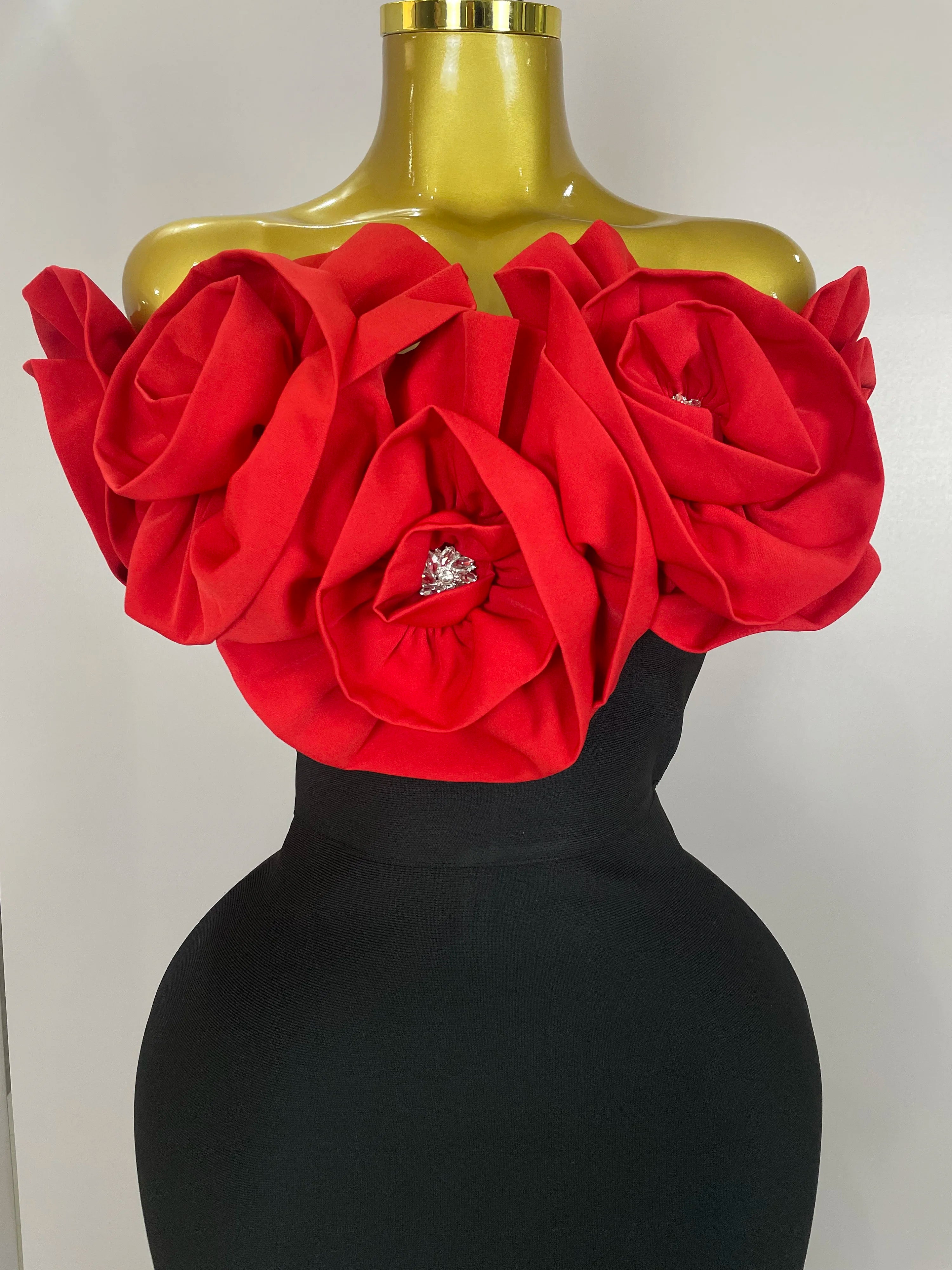 New Stereoscopic Red Flowers Sexy Off The Shoulder Ankle Lenght Bandage Dress Woman Birthday Party Vestido Wedding Party Outfit