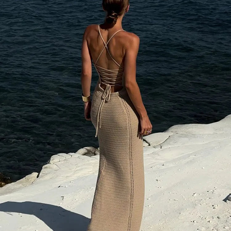 Fashion Solid V Neck Slim Fit Knit Maxi Dress Elegant Hollow Out Lace Up Backless Gown New Lady Summer Vacation Beach Vestidos