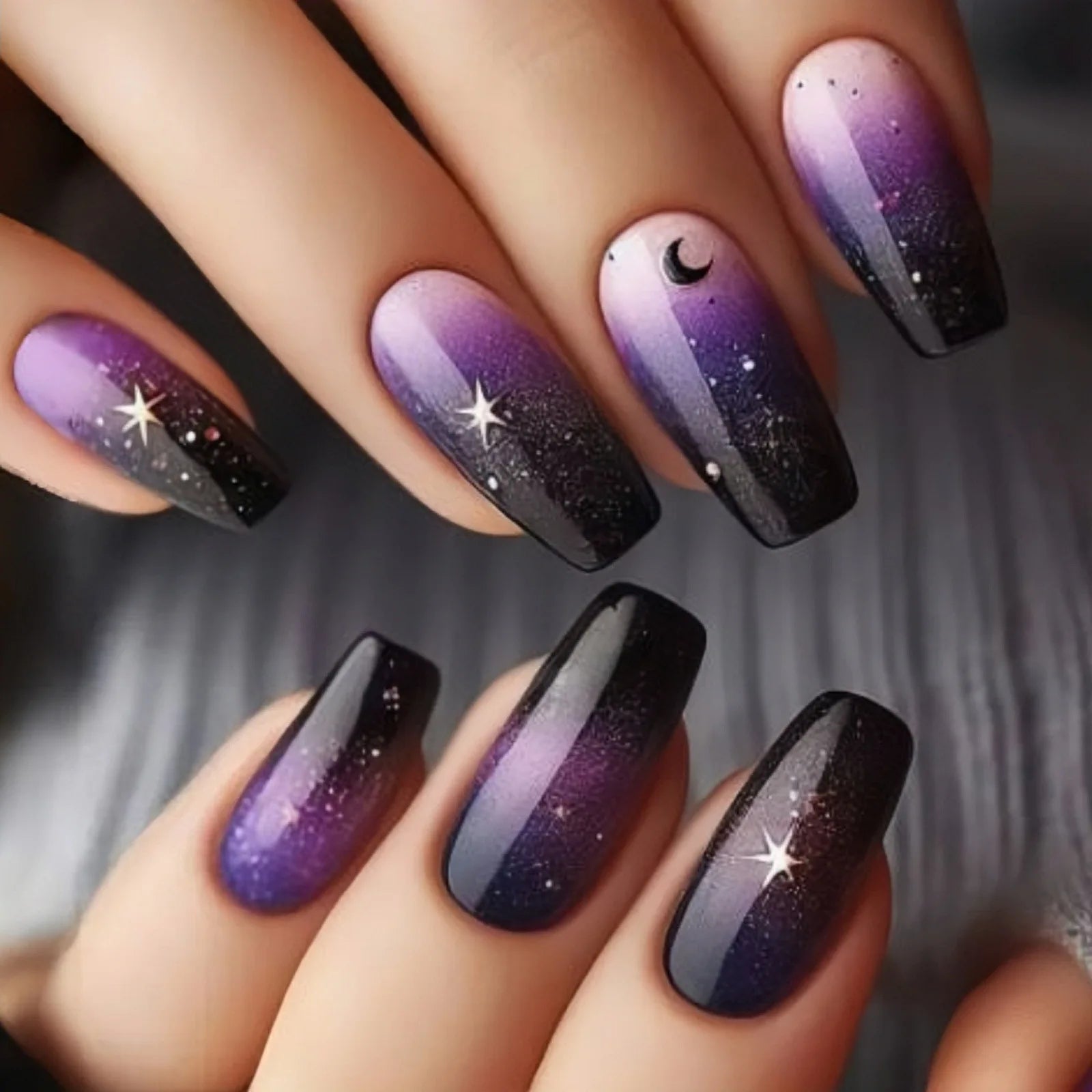 24Pcs Fake Nails with Colorful Starry Sky Square Press on Nails Full Cover Dreamy Star Moon Meteor Girl Detachable Nail Tips Art