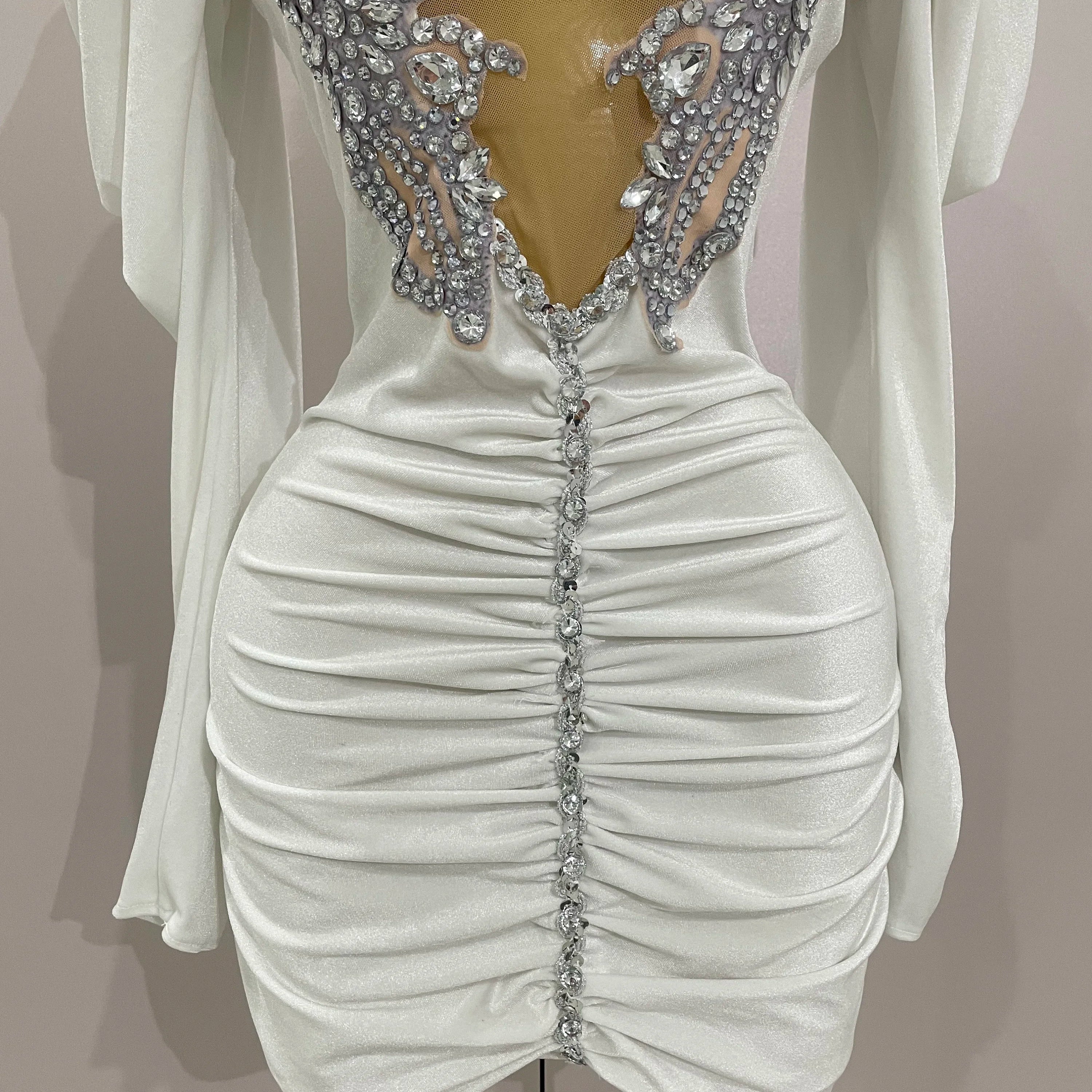 Luxury Sparkly Crystals Sexy Mesh White Velvet Short Dress 2025 Women Elegant Evening Prom Birthday Party Dresses Stage Costume