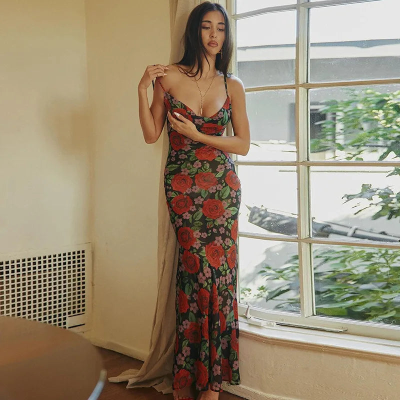 Cryptographic Floral Print Sexy Draped Slip Maxi Dress Elegant See Through Outfits Women Sleeveless Dresses Party Club Vestido red