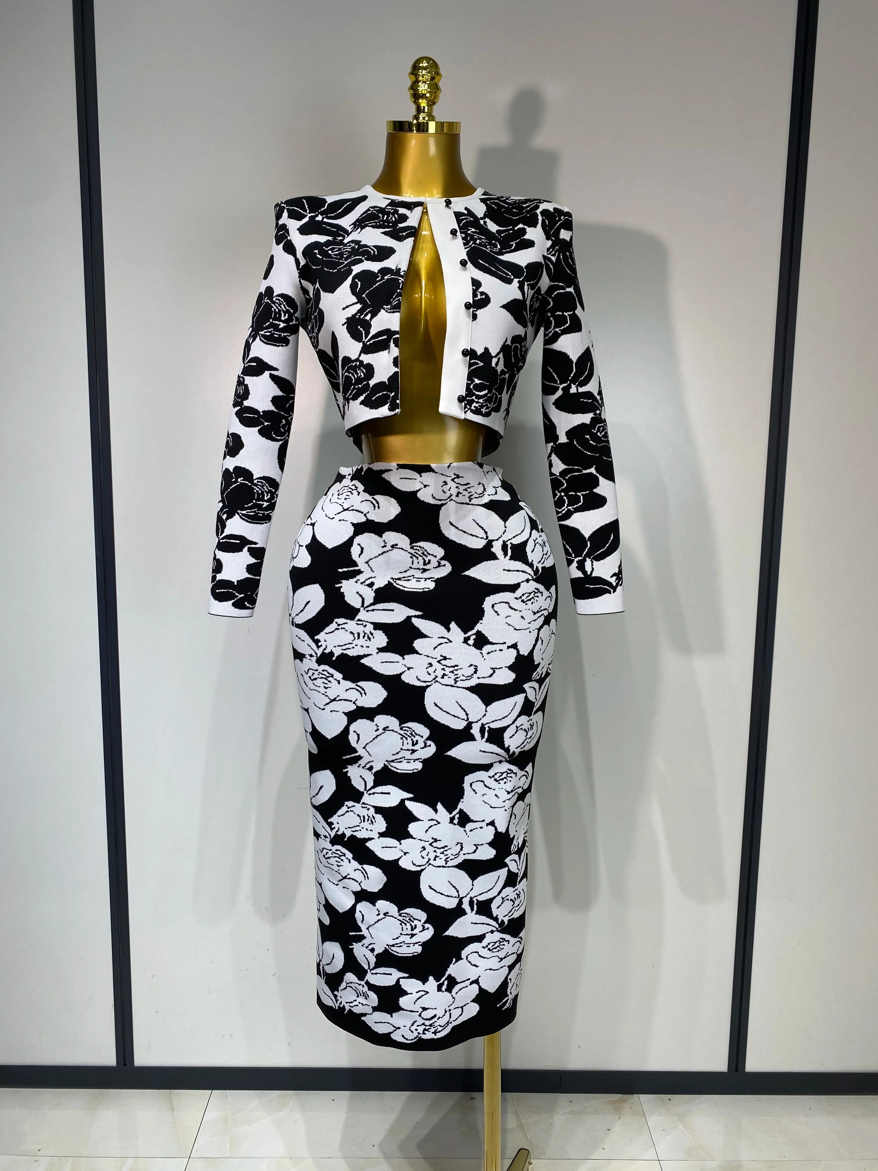 Arrival Women Long Sleeve Jacquard Weave Two Pieces Set Celebrity Red Carpet Dress Birthday Bodycon Bandage Women's Set