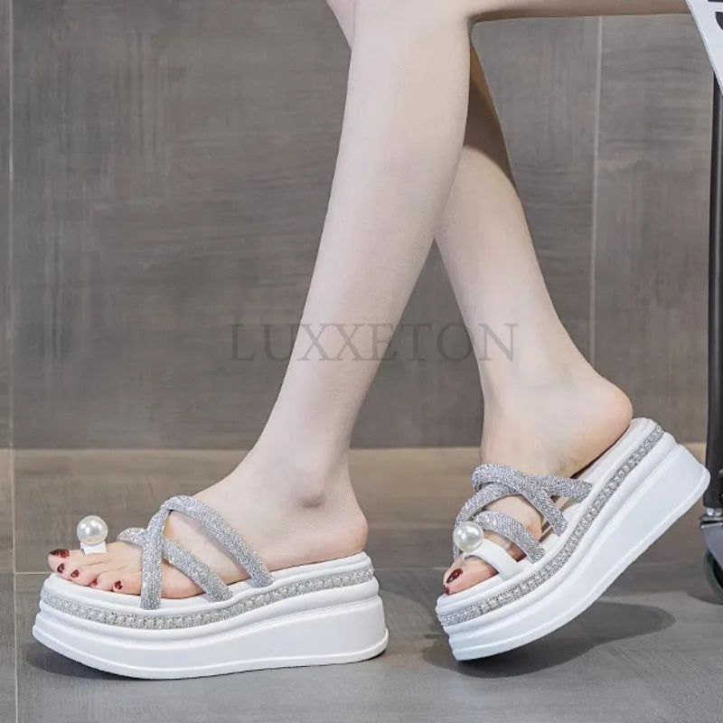 Trend Women Mid Heels Shoes Platform Open Toe Slippers Summer Fad Sandals Dress Beach Flip Flops Women Crystal Slides