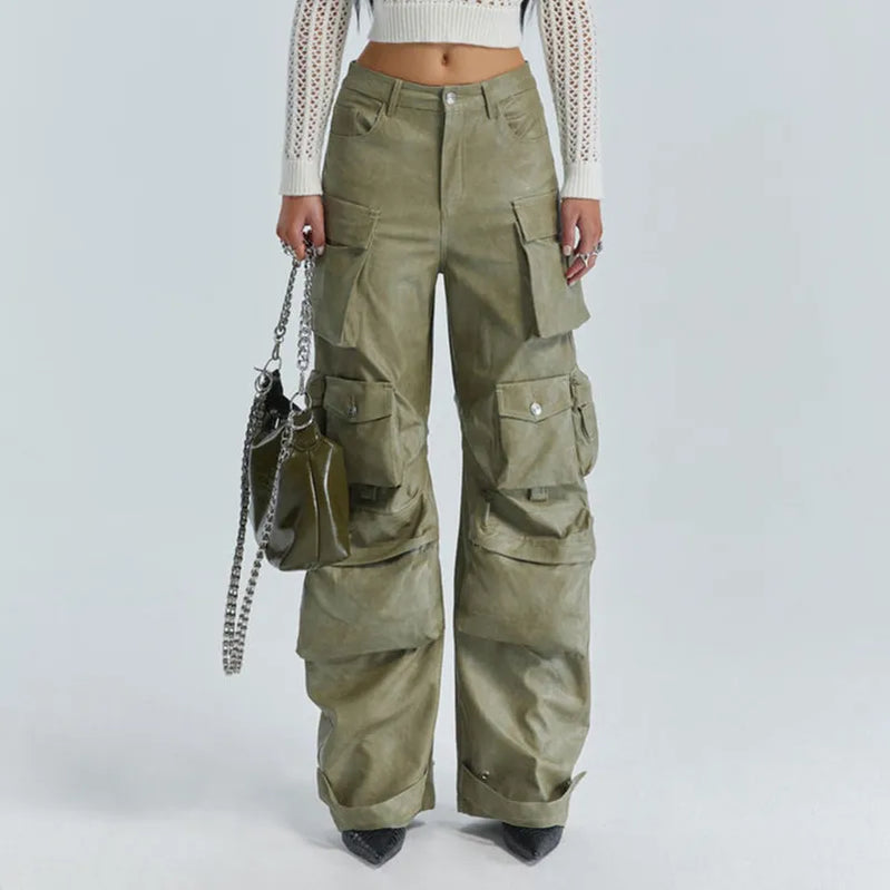 GetSpring Women Leather Pants Capris 2023 Autumn Multi Pockets High Waist Trousers Loose Casual All Match Long PU Cargo Pants