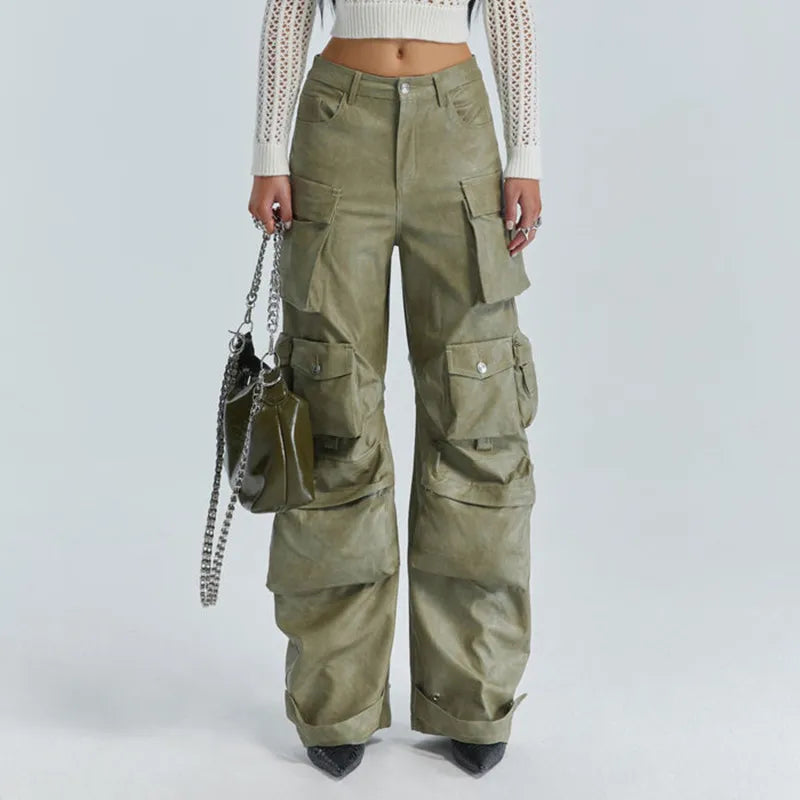 GetSpring Women Leather Pants Capris 2023 Autumn Multi Pockets High Waist Trousers Loose Casual All Match Long PU Cargo Pants