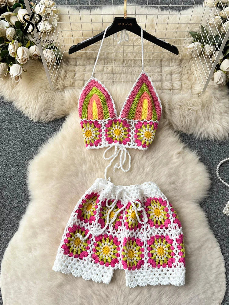 SINGREINY Summer Hollow Out Beach Suits Women Strap Halter Sexy Top+Mini Shorts Fashion Floral Knitted Bohemian Two Pieces Sets