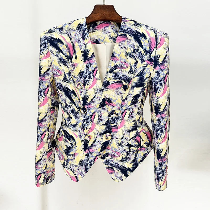 TWOTWINSTYLE Hit Color Spliced Printing Fashion Jackets for Women V Neck Long Sleeves Patchwork Button Elegant Jacket Female New