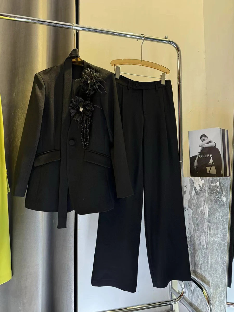 TWOTWINSTYLE Solid Elegant Two Piece Sets for Women V Neck Long Sleeves Patchwork 3D Flower Top High Waist Pant Set Female New