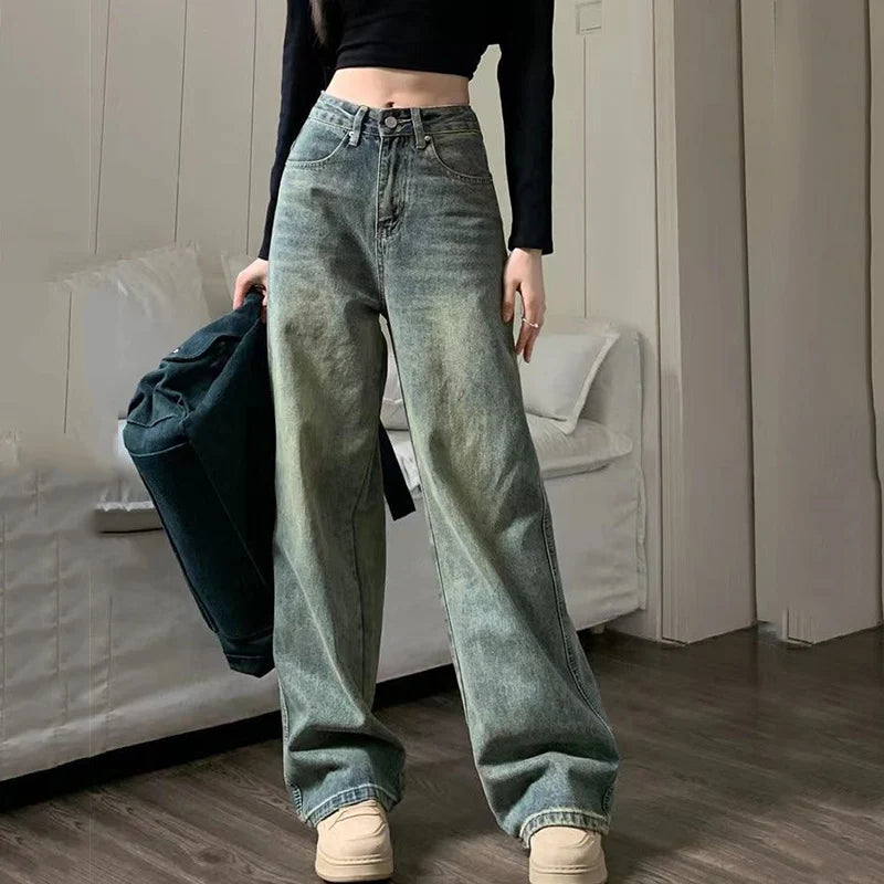 Vintage High Waist Straight Jeans Women 2024 Spring Wide Leg Cargo Pants Woman Streetwear Chic Loose Denim Trousers Mujer retro blue