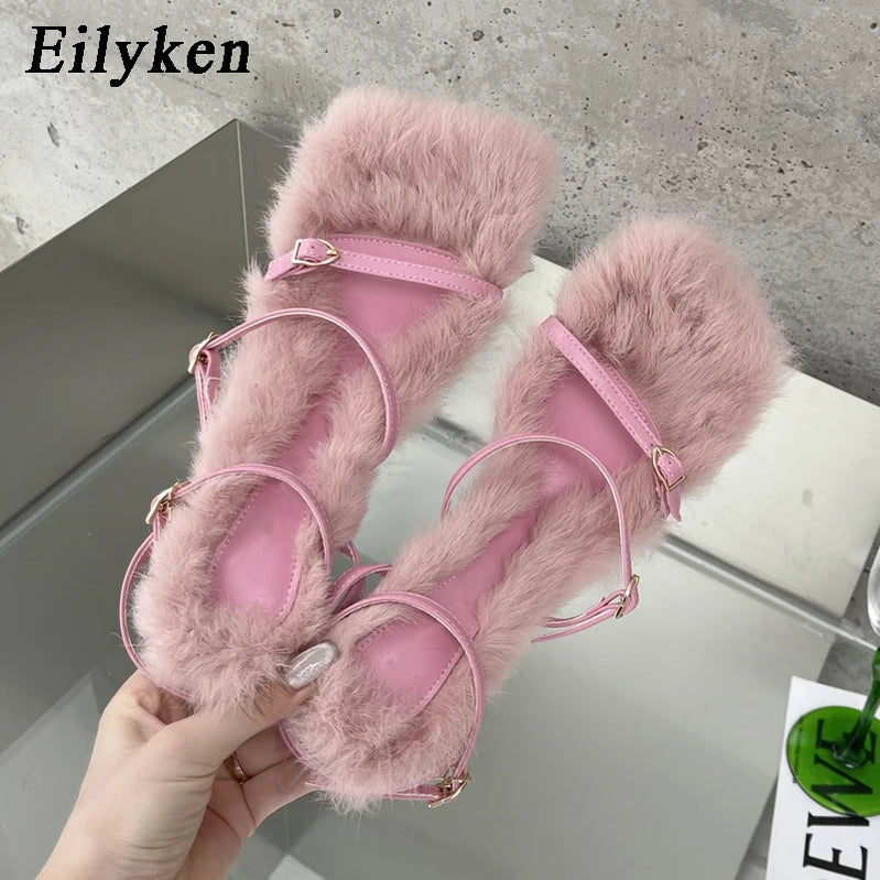 Eilyken 2025 Brand Plush Fur Fuzzy Sandals Women Thin Heels Fashion Square Toe Ankle Lace Up Buckle Strap Slides Shoes