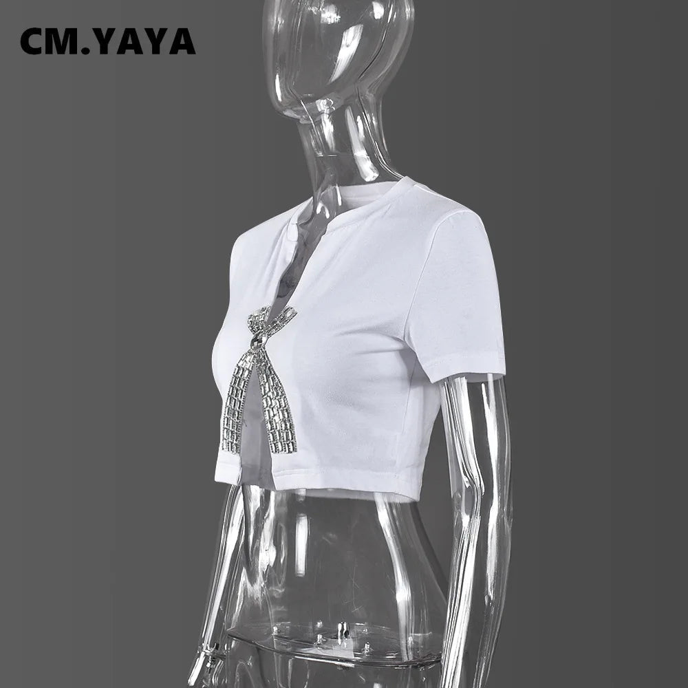 CM.YAYA Women Fashion Diamonds Hot Rhinestones Bowknot Short Sleeve T-shirt Streetwear Elastic INS Tee Tops
