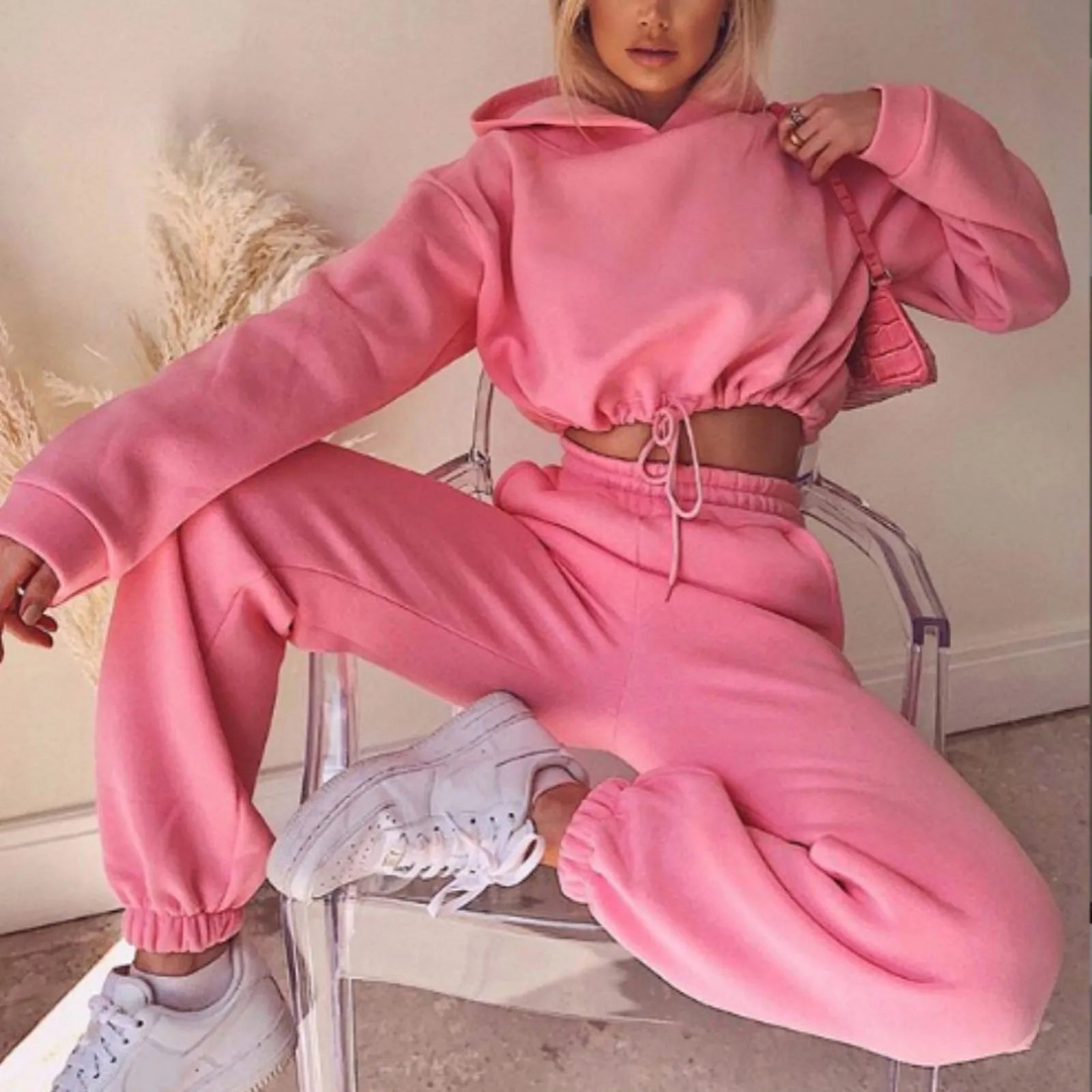 Winter Two Piece Sets Women Tracksuit Oversized Suit Autumn Trouser Suits Female Sweatshirt Solid Sports Hoodie Sportswear Pink