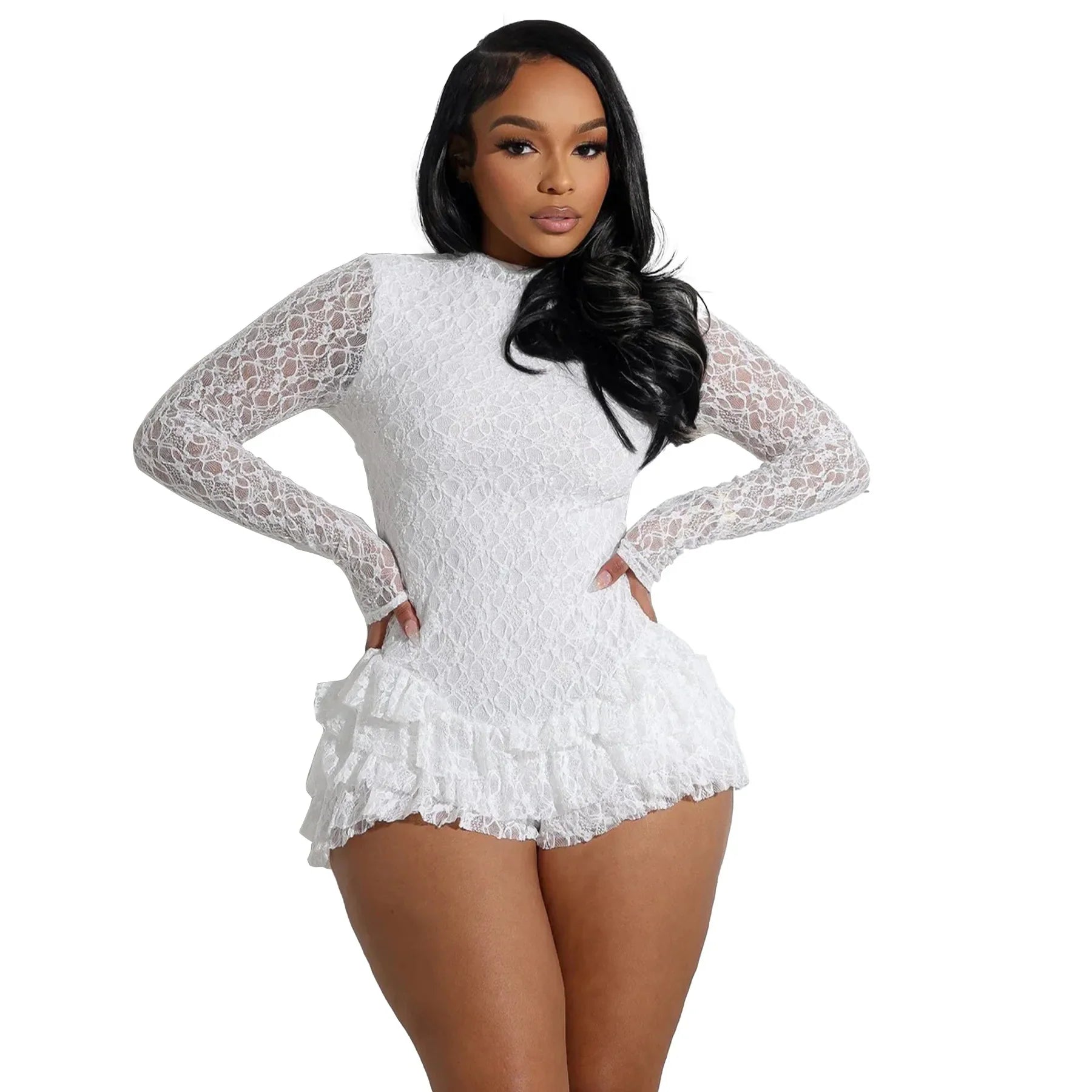 CM.YAYA Women Long Sleeve Lace Ruffles Ruched High Waist Short Jumpsuit Streetwear Backless Street One Piece Romper Playsuit White