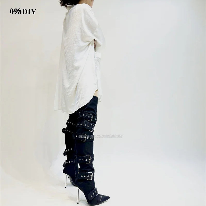 Denim Thigh High Boots Women Sexy Super Pointy Toe Punk Metal Buckle High Heels Shoes Ladies Puttee Blue Biker Boots De Mujer