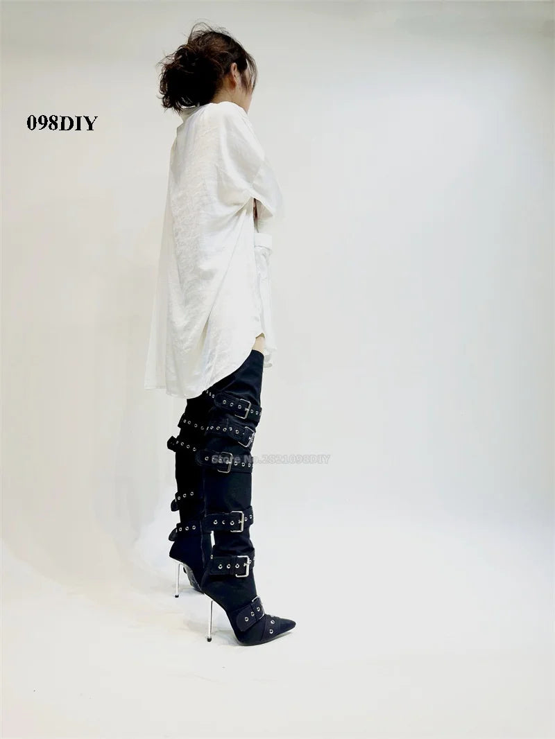 Denim Thigh High Boots Women Sexy Super Pointy Toe Punk Metal Buckle High Heels Shoes Ladies Puttee Blue Biker Boots De Mujer