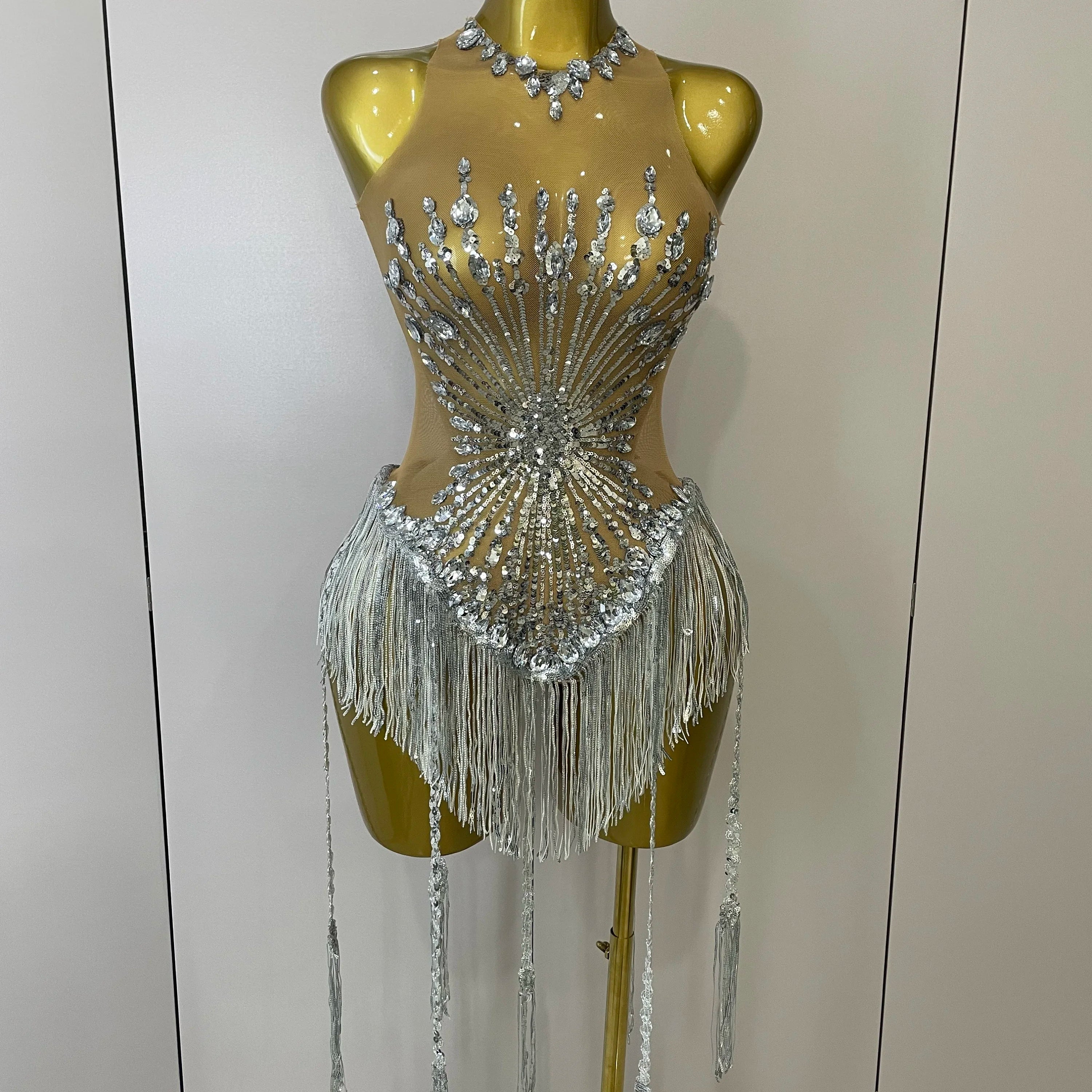 STOCK Sliver Sequins Shining Diamonds Sexy Mesh Long Tassel Bodysuit Women Nightclub Party Birthday Stage Performance Costume