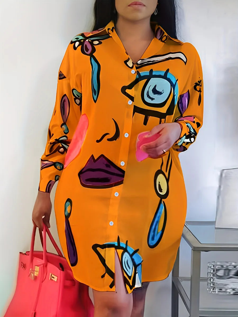 Oversize Single Breasted Button Irregular Shirt Dresses Autumn Women Turn-down Collar Boho Print Loose Mini Dress XL-5XL Orange