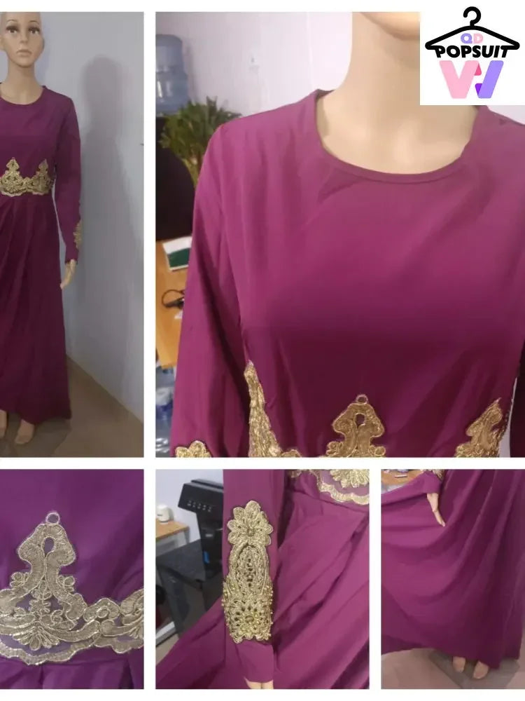 New In Women Dress NO Scarf Elegant Muslim Islam Abaya Embroidered Elastic Falbala High Waist Slim Party Robe Swing Robe Dresses