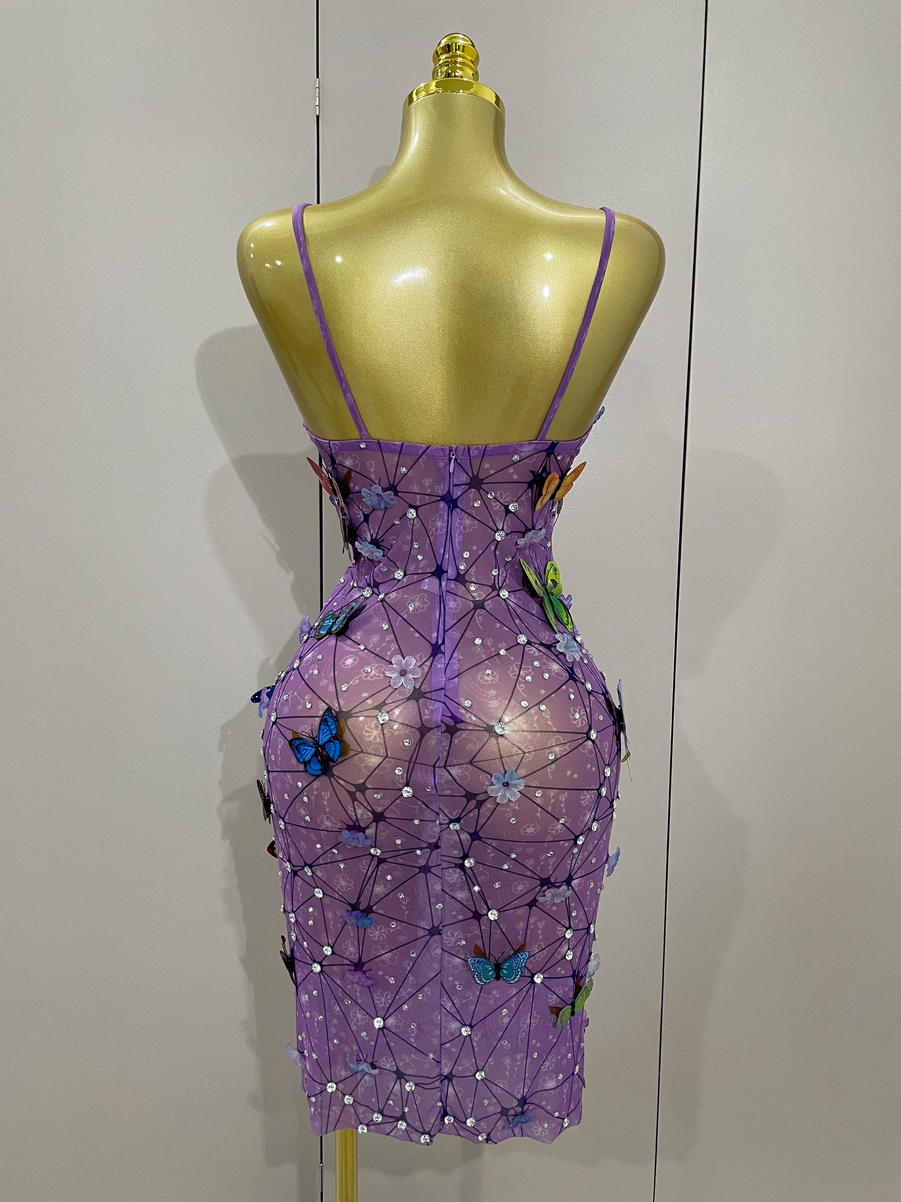Women Celebrity Luxury Birthday Nightclub Stage Outfit 2025 New Arrival Sparkly Butterfly Purple Sexy Mesh See Through Dress