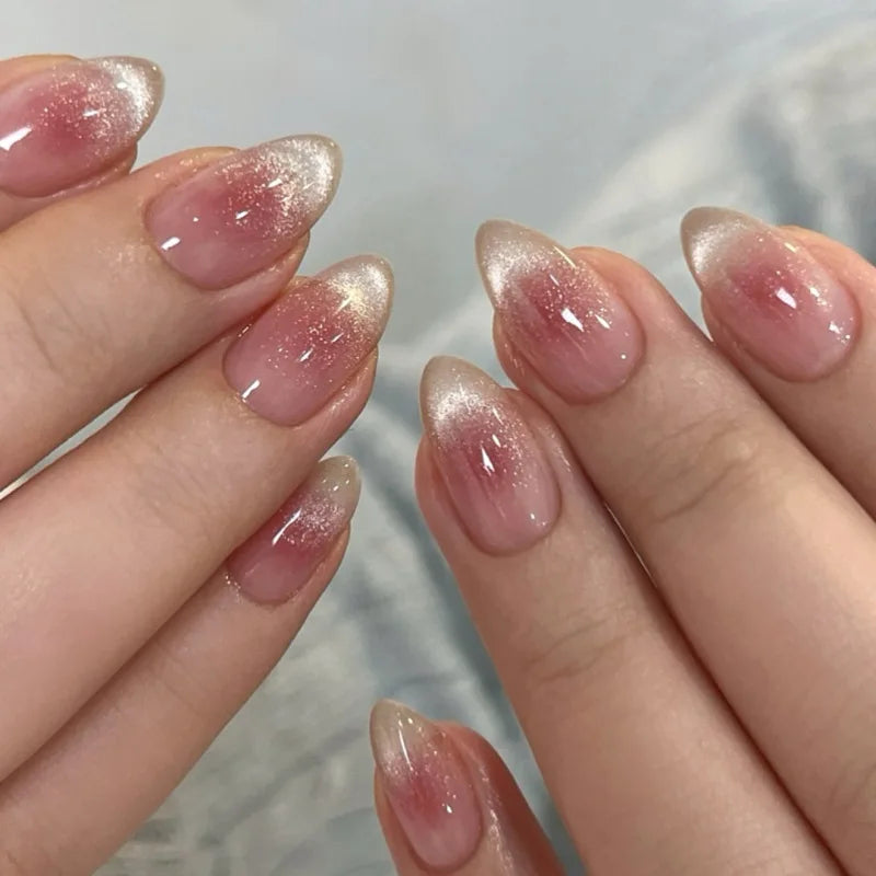 24Pcs Blush Pink Shining Cat's Eye Short Round Head Press on False Nails with Simple Design Almond French Manicure Nail Tips Set
