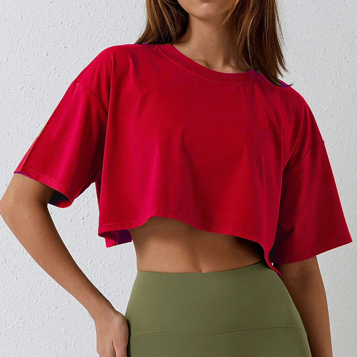 Cotton Women Short Sleeve Dance Running Clothes Yoga Fitness Crop Top Navel Baring New Sport T-shirt Loose Gym Workout Shirts Red