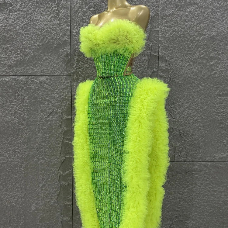 STOCK Women Sexy Mesh Ruffles 2 Pieces Laced-up Ball Gown Long Dress Fashion Nightclub Party Performance Costume Stage Wear