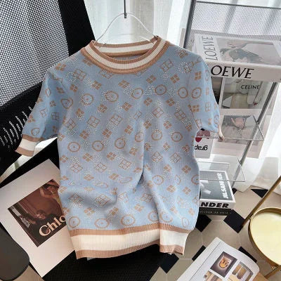 Summer Women Short Sleeve Fashion Knit Glitter Stones Tshirt Femme Vintage Luxury Designer Slim Leisure T-Shirt Tops Blue One Size